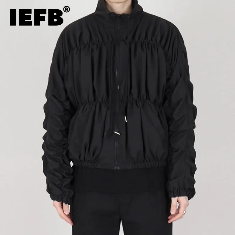 

IEFB Male Padded Jackets Niche Design Pleated Stand Collar Thickened Solid Color Men's Cotton Short Coats Korean Stylish 9C3209