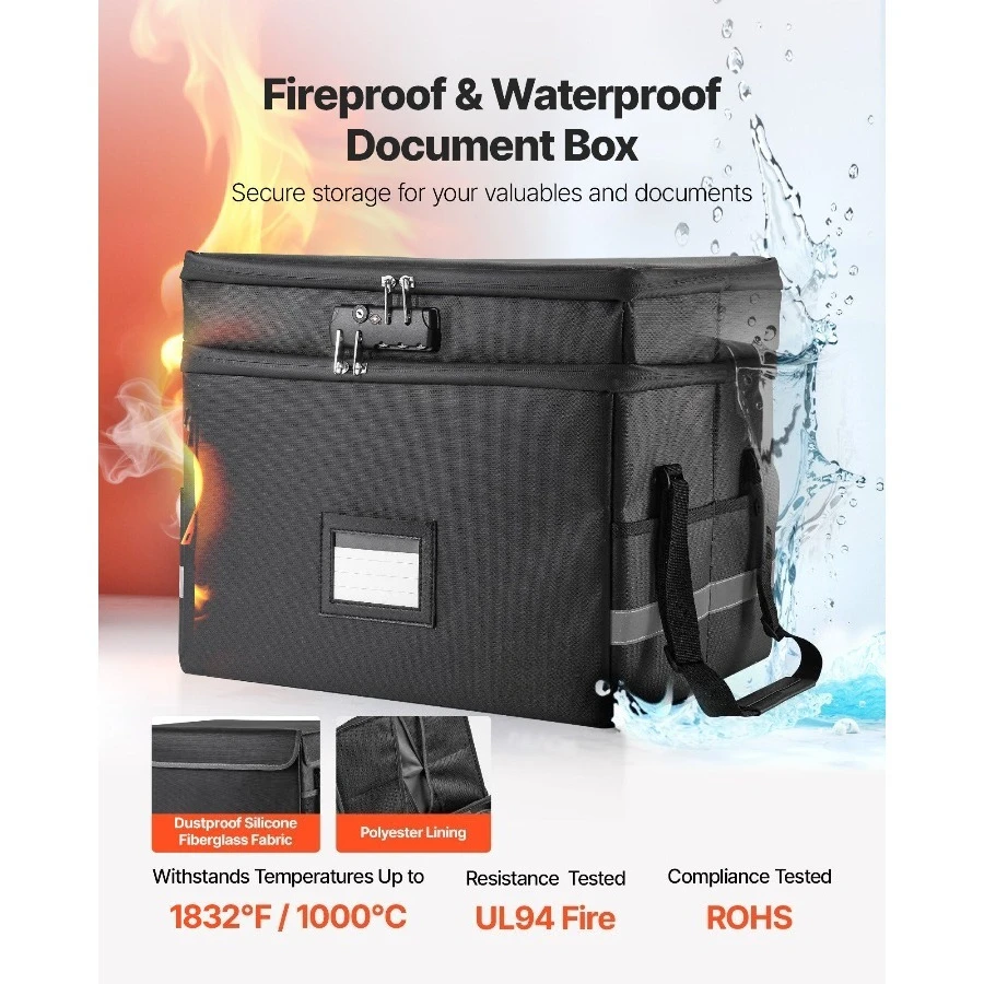 Fireproof Document Box, 1832 °F Heat Insulated Fireproof & Waterproof Box with Lock, Portable Two-Layer File Storage Organizer