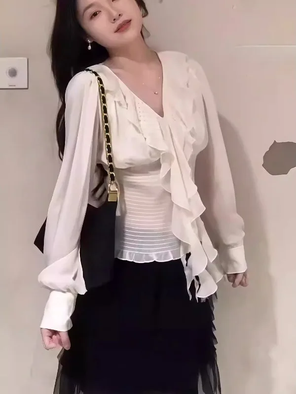 

Elegant V-Neck Slimming Design Spring Shirt plus Size Women's Soft Chiffon Belted Waist Flattering Trendy Korean Style