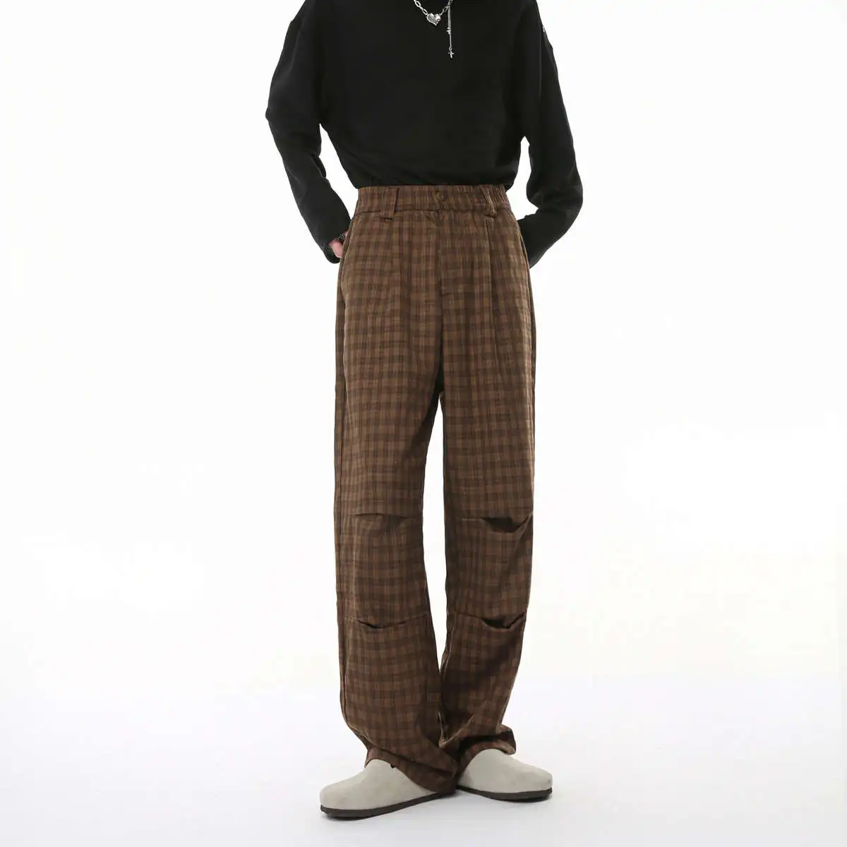 

Voguo Casual Pants Korean Sle New All-Match Plaid Loose Elastic Waist Couples Loose Straight Tube Soldier Pants