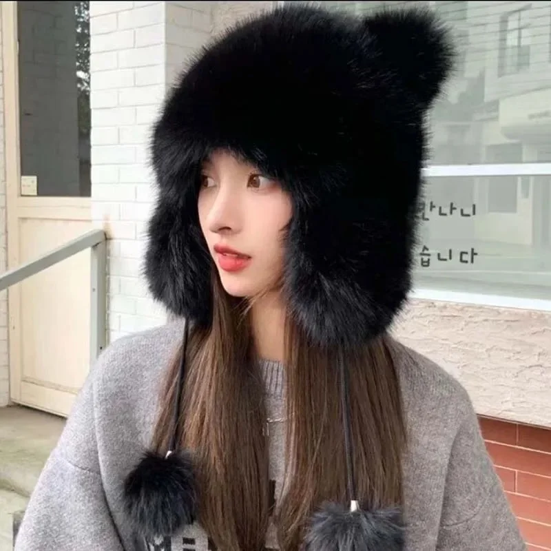 Winter Plüsch Kunstfell-Mütze für Damen Dicke Flauschige Ohrenschutz-Kappe Winddichte Warme Kopfbedeckung Balaclava-Mütze Damen Panama Russische Mütze – Detail 7
