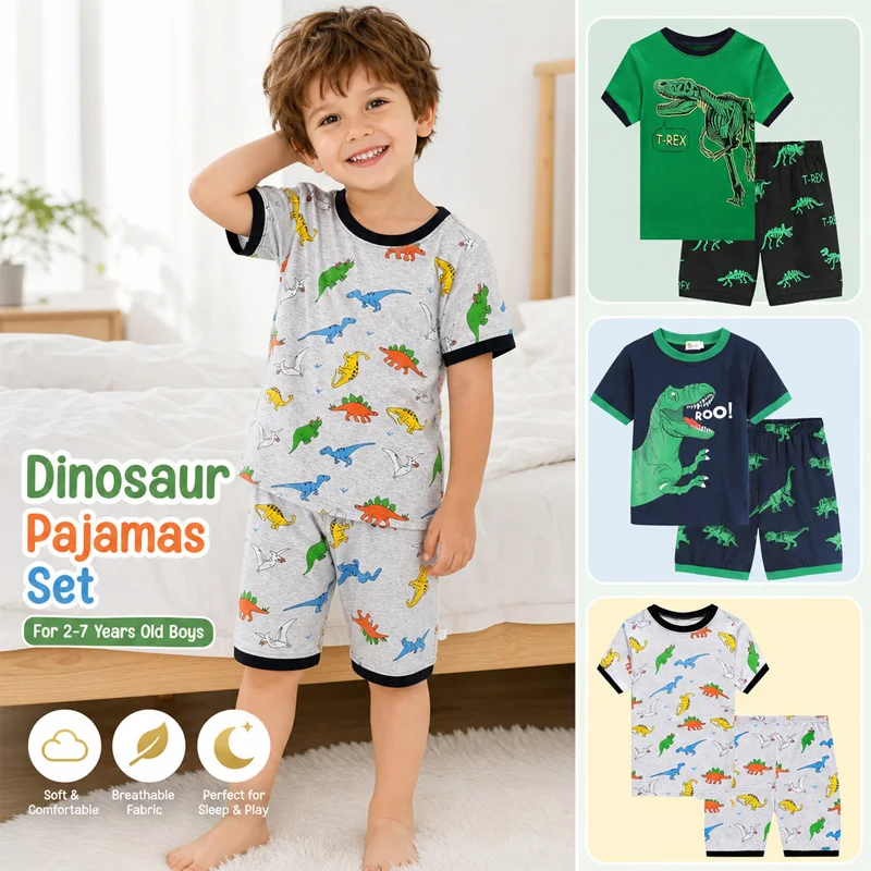 Little Hand Boys Short Sleeve Pajama Set Cartoon Dinosaur Print Kids Summer Loungewear Sleep Suit For Toddler Boys 2-7 Years Old