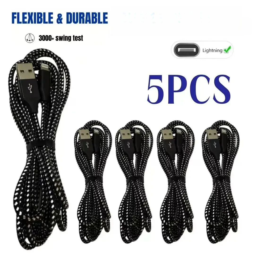 5pcs Charging Cable, Lightning to USBCable Lot Braided USB Cable 10ft for iPhone14/13/12/11/XS/XR/8/7/6/5FastCharg Cord