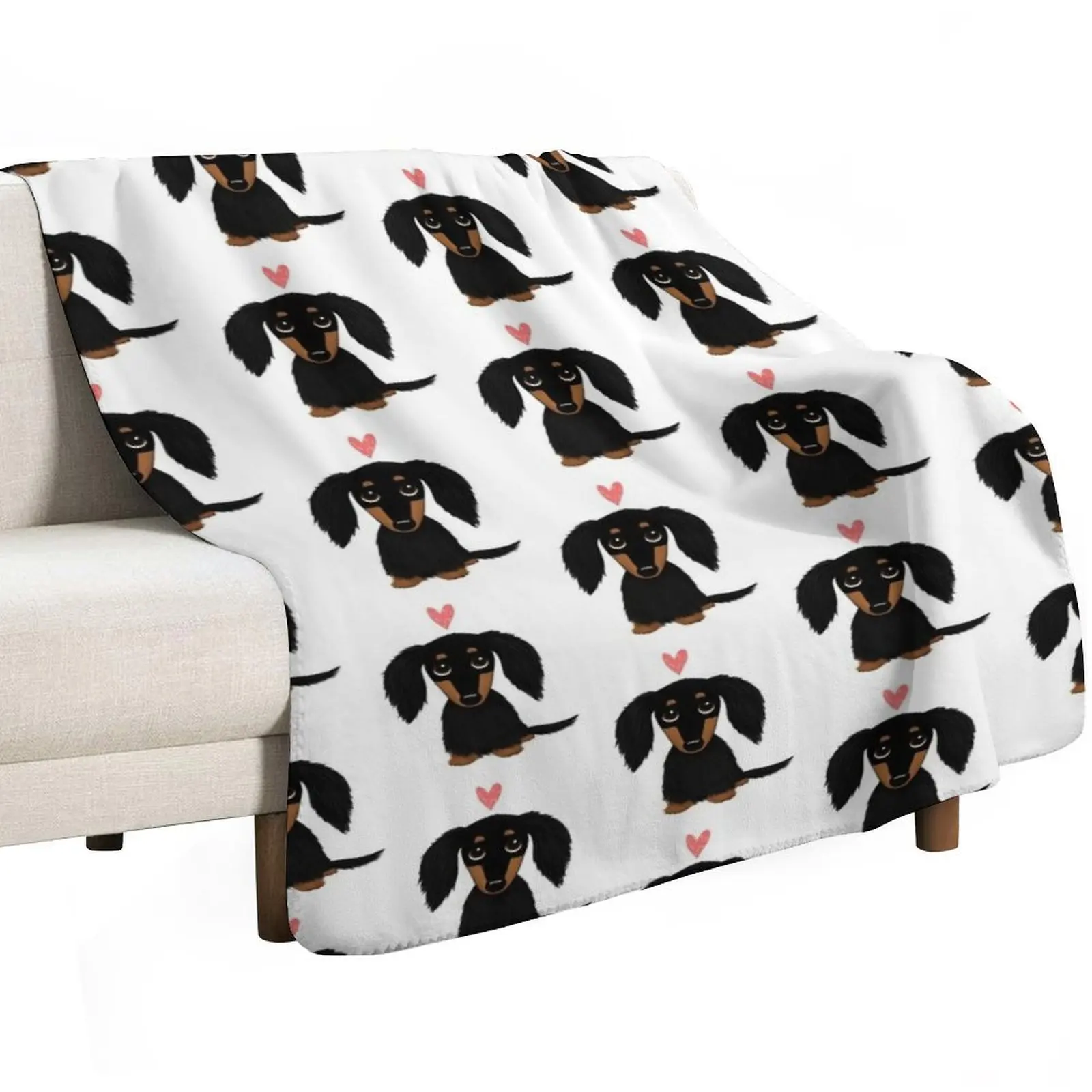 Black and Tan Longhaired Dachshund Cartoon Dog with Heart Throw Blanket Bed covers Decoratives manga for sofa Flannel Blankets
