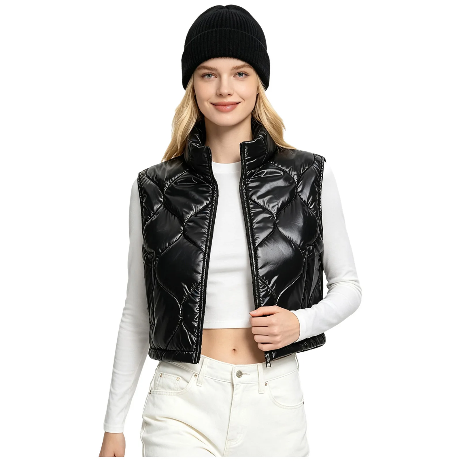 Women Winter Warm Quilted Puffer Crop Vest Lightweight Padded Jacket Stand Collar Zip-up Tank Top for Skiing Cycling Hiking