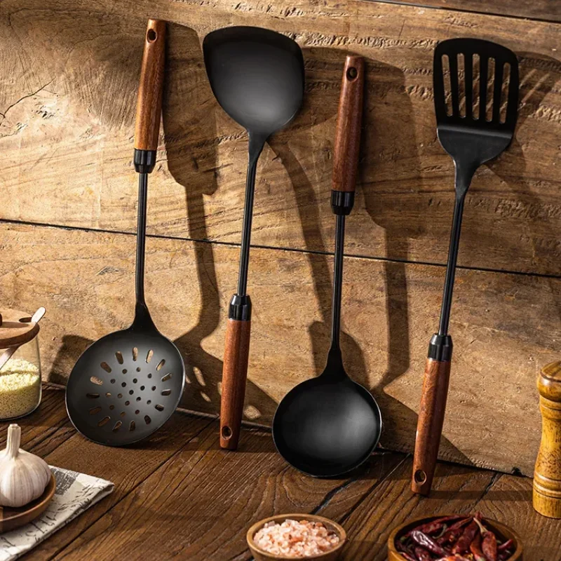 Worry free diary spatula set wooden handle non stick pan tools kitchen utensils strainer soup spoon household cooking set