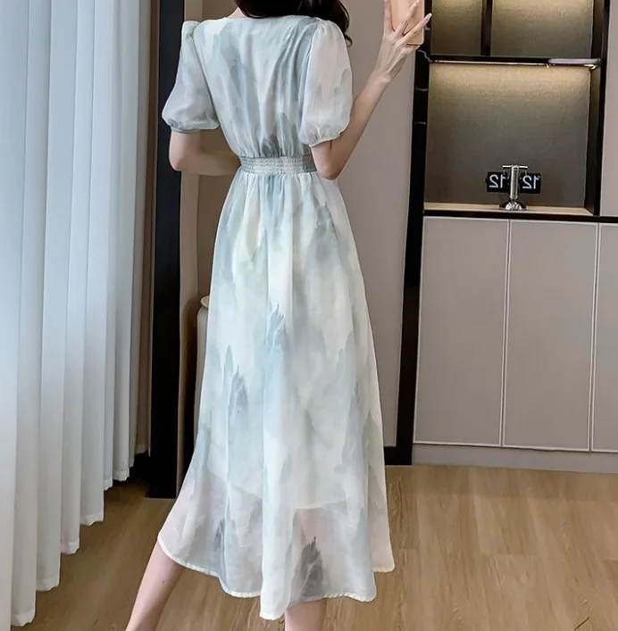 플로럴 드레스 2025 여름 신상 중국풍 잉크 프린트 우아한 A라인 반팔 하이웨이스트 롱 스커트