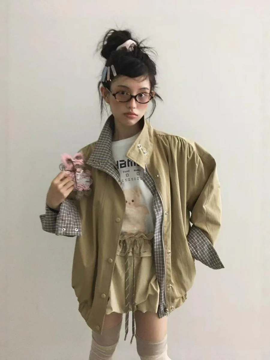 

Весенняя женская куртка-обманка в стиле пэчворк с воротником-стойкой, свободного кроя, в клетку, в стиле Донгда Гейт, для школы, повседневная, стильная