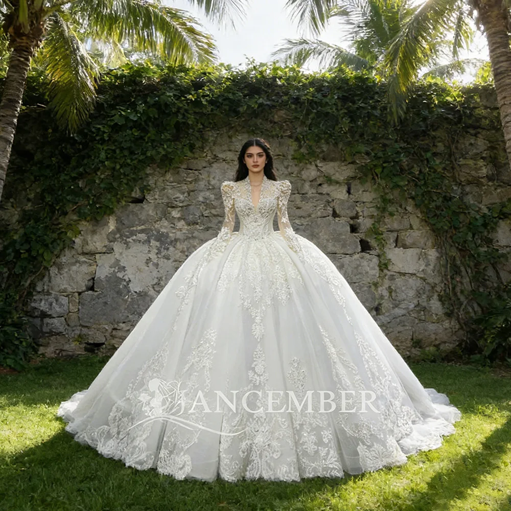 

Доступное по цене пляжное свадебное платье для женщин с длинными рукавами, кружевное, в стиле принцесса, с круглым вырезом, на заказ, Vestidos De Novia