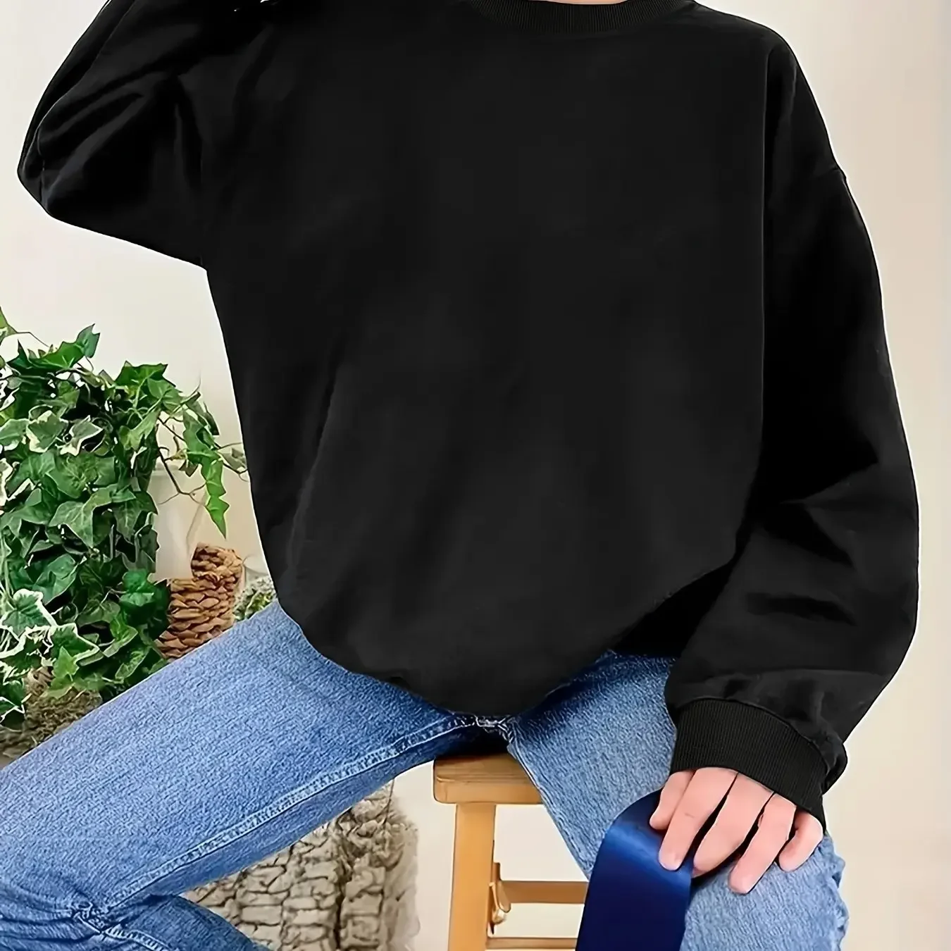 سويت شيرت نسائي رياضي كاجوال برقبة دائرية وأكمام طويلة بلون سادة، مريح #2