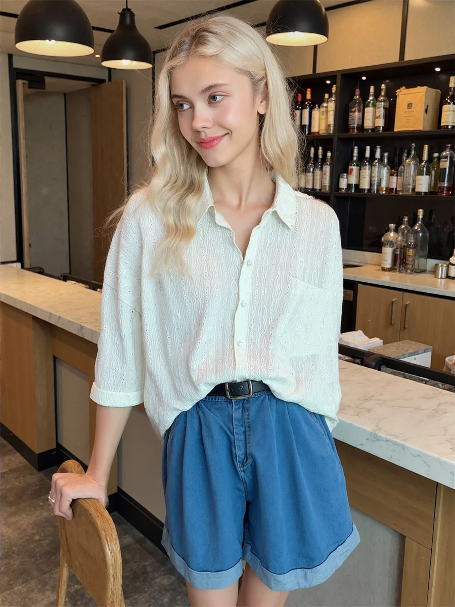 반팔 플러스 사이즈 여성 여름 셔츠 클래식 스타일 반단추 디자인 앞면 캐주얼 심플 베이직 미니멀리스트