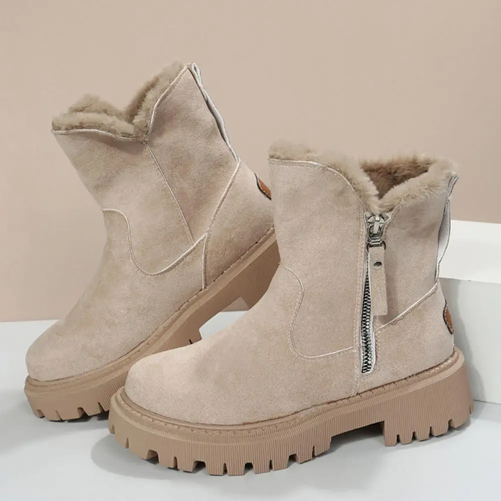Faux Suede Winter Boots Women’s Faux Suede Winter Ankle Boots with Fuzzy Cuffs Anti-slip Thick Soles Side Zipper for Wear