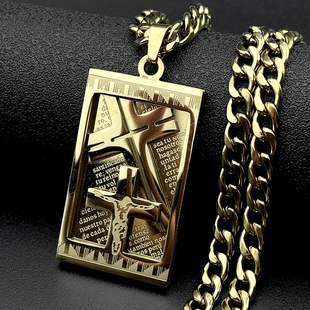 

Spanish Lord's Prayer Crucifix Jesus Christ Medal Pendant Necklace for Women Men Stainless Steel Gold Color Punk Chain Jewelry