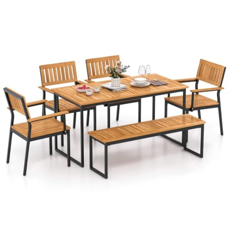

6 Pieces Outdoor Acacia Wood Dining Set with Bench for 6-7 People Patio Table and Chairs Set in Natural Brown with 2 Umbrella H