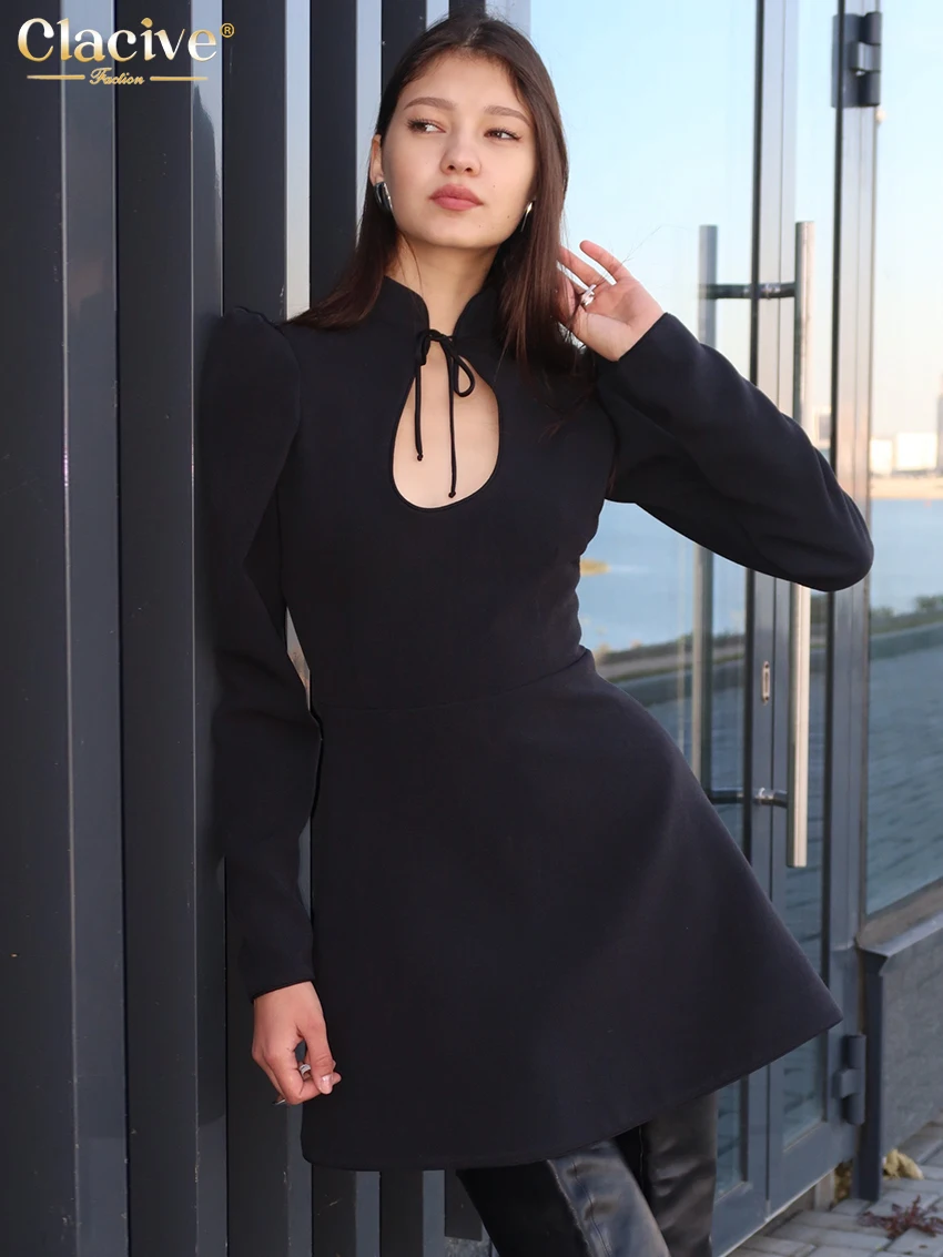 

Clacive Fashion Slim Black Women's Dress 2025 Sexy Stand Collar Long Sleeve Mini Dresses Elegant Classic Hollow Out Female Dress