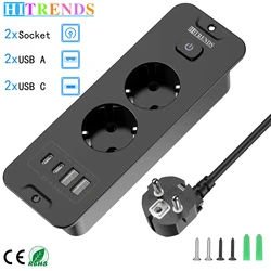 Eu plug Desktop built-in power board 2/3 AC power socket 2 USB2 Type-C charging adapter port 2m extension cable white black
