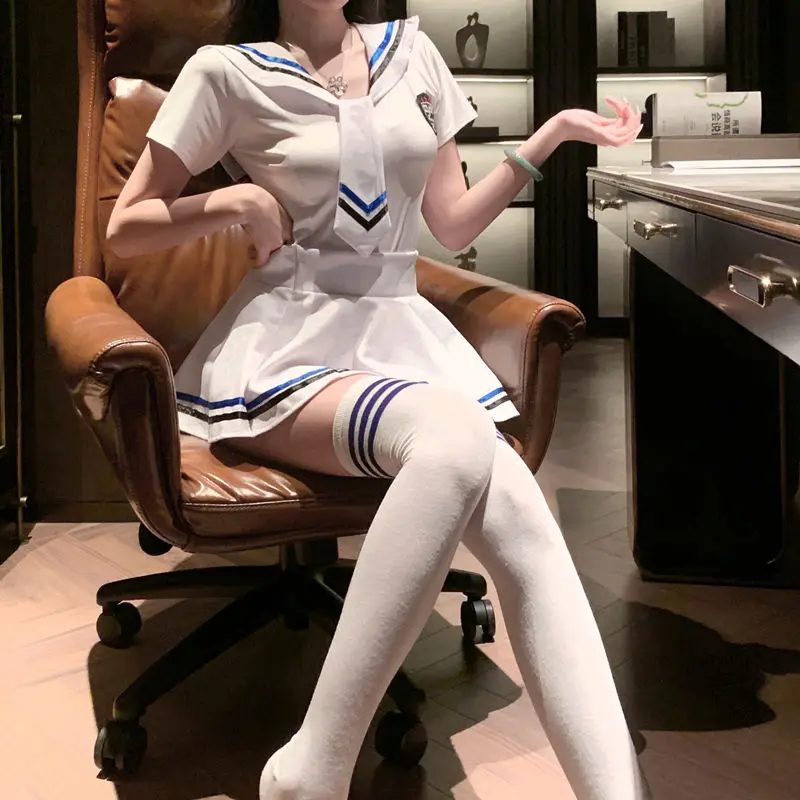 Sexy Lingerie Student Jk Uniform Sailor Collar Blue and White Color Contrast Design Pleated Skirt Collocation School Stockings