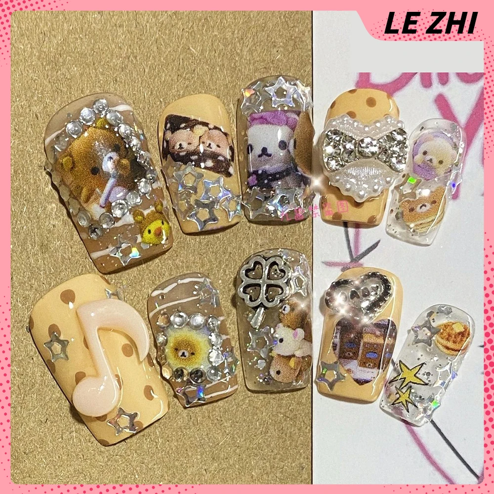 Cute Handmade Y2K Hello Kitty Press On Nails 3D Bear Snowflake Snowman Kt Cat Strawberries Customizable False Nails Party Gift