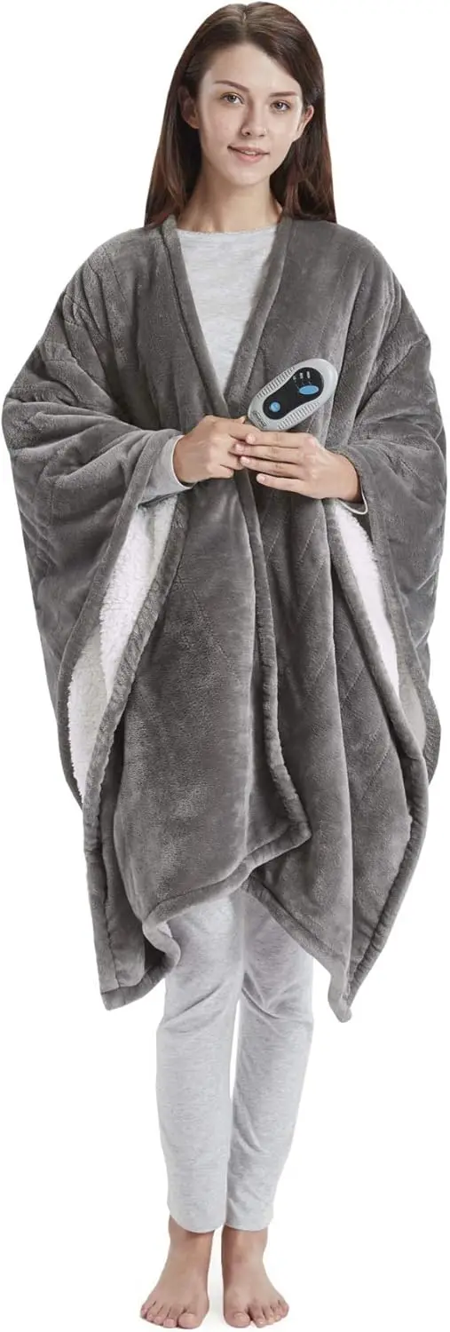 

Ultra Soft Heated Poncho Wrap Blanket, Sherpa & Fleece, Low EMF, UL Certified, 3 Heat Settings, Auto Shutoff, Gift-Ready Grey