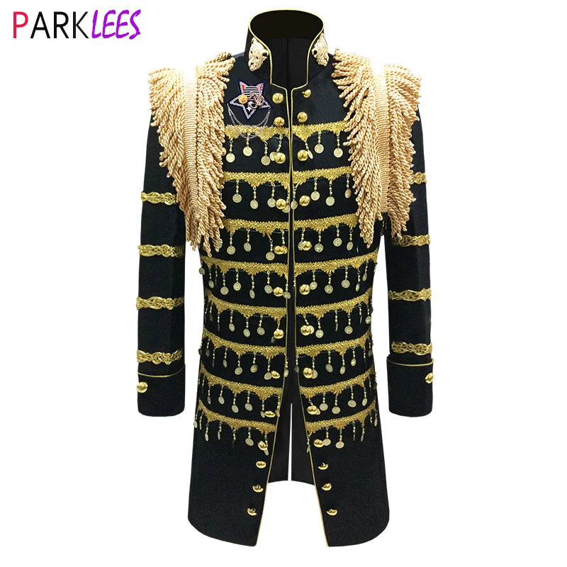 Mens Black Extra Long Tassels Court Prince Suit Jacket Slim Fit Steampunk Zipper Blazer Men Gothic Vintage Uniform Costume Homme