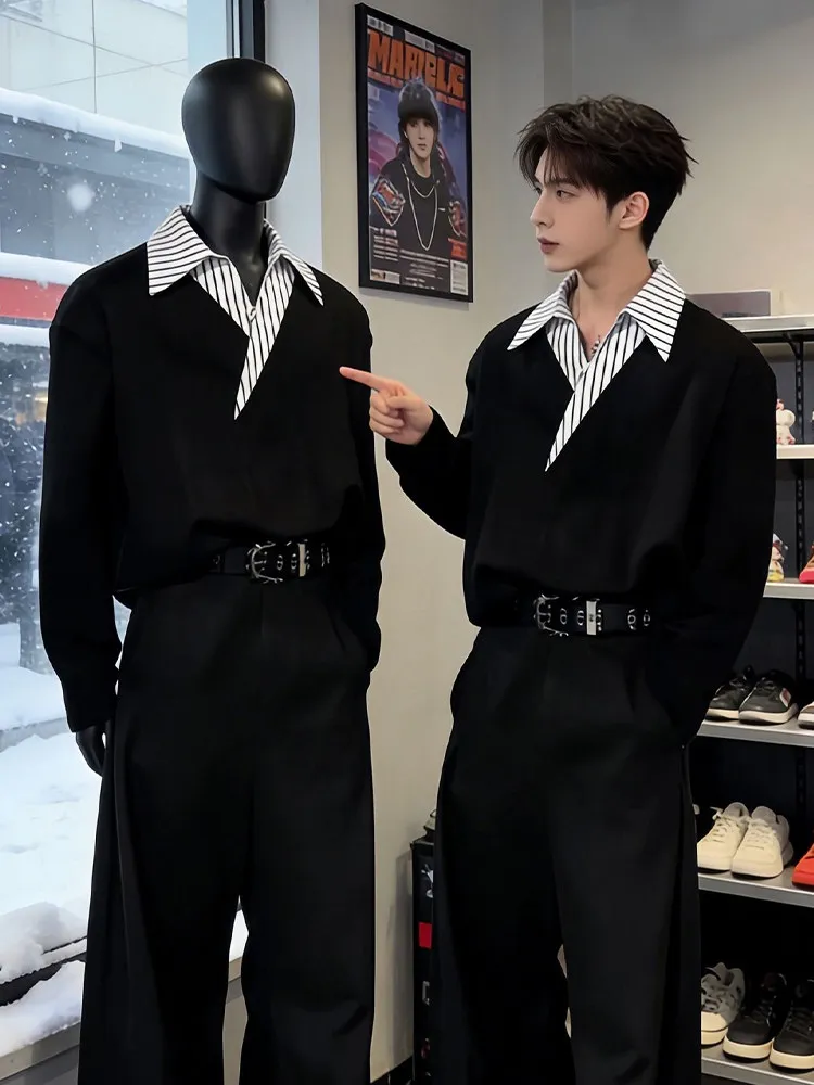 

Мужской полосатый свитшот Bla с длинным рукавом, весенний, корейский, плотный, премиум-класса, для базового слоя, с ощущением высокого качества