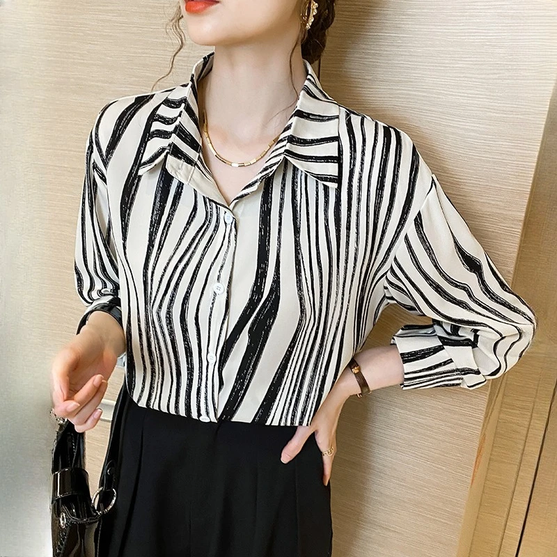 

Винтажные женские блузки с принтом, повседневные рубашки, модная свободная летняя одежда, шифоновые полосатые женские топы с длинными рукавами