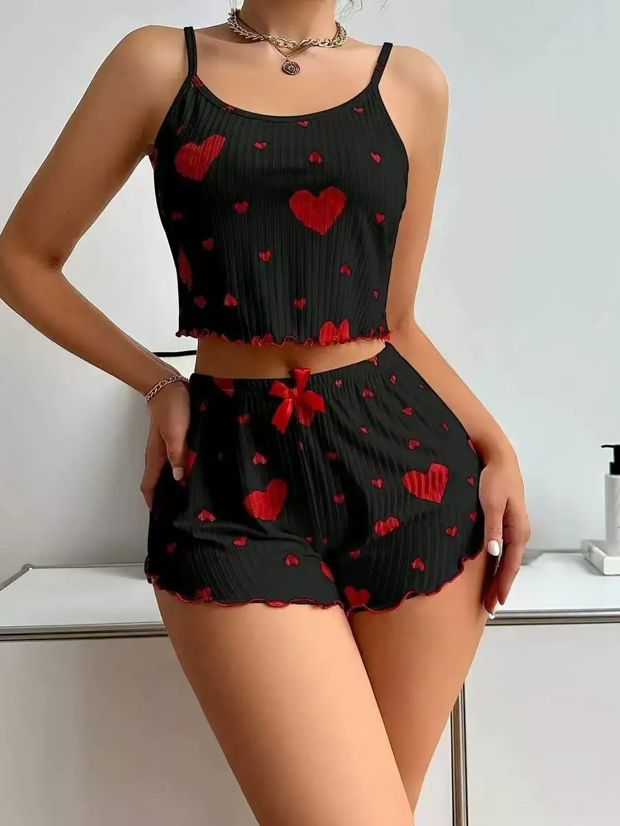 Summer New Women's Short-Sleeve Sweet Striped Pajamas, Girl-Style Crinkled Thin Long Pants, Comfortable and Breathable Loungewea