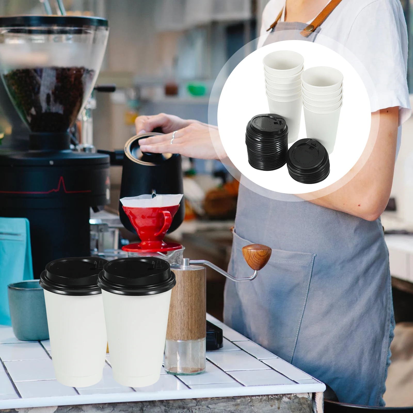

1 set Coffee Paper Cups 16oz White Cowhide Hollow Black Switch Lid Hot Drinks Disposable Milk Tea Juice Beverages Party