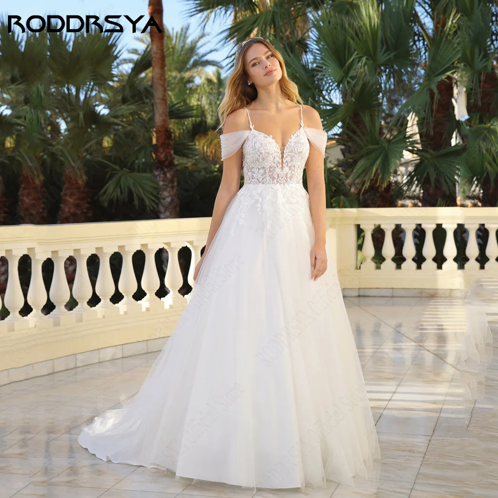 RODDRSYA Princess Lace Wedding Dress 2024 Spaghetti Straps A-Line Bride Gowns V-Neck Tulle Illusion Applique suknia ślubna