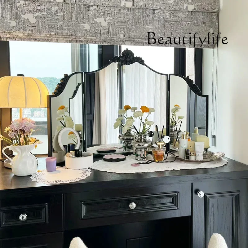 BJ European retro carved dresser makeup mirror desktop tri-fold mirror three-sided folding mirror bedroom decoration French styl