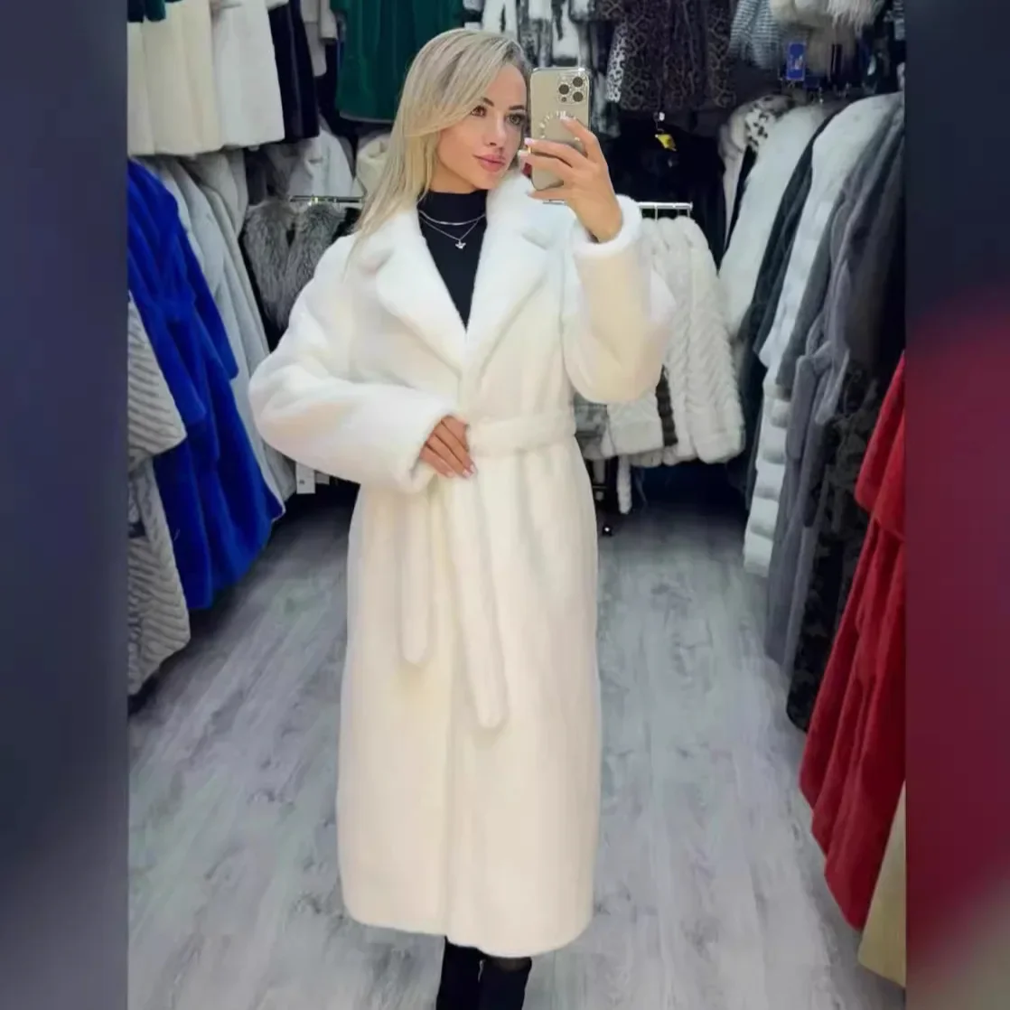 

Soft White Faux Rabbit Fur Coat 2025 Winter Women's Long Plush Overcoat Luxury Elegant