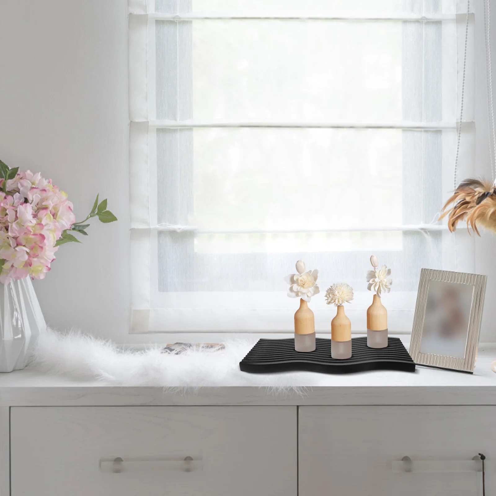 

Wooden Storage Tray Bathroom Vanity Black Essential Oil Bottle Organizer Perfume Soap Dispenser Sponge Holder Tray