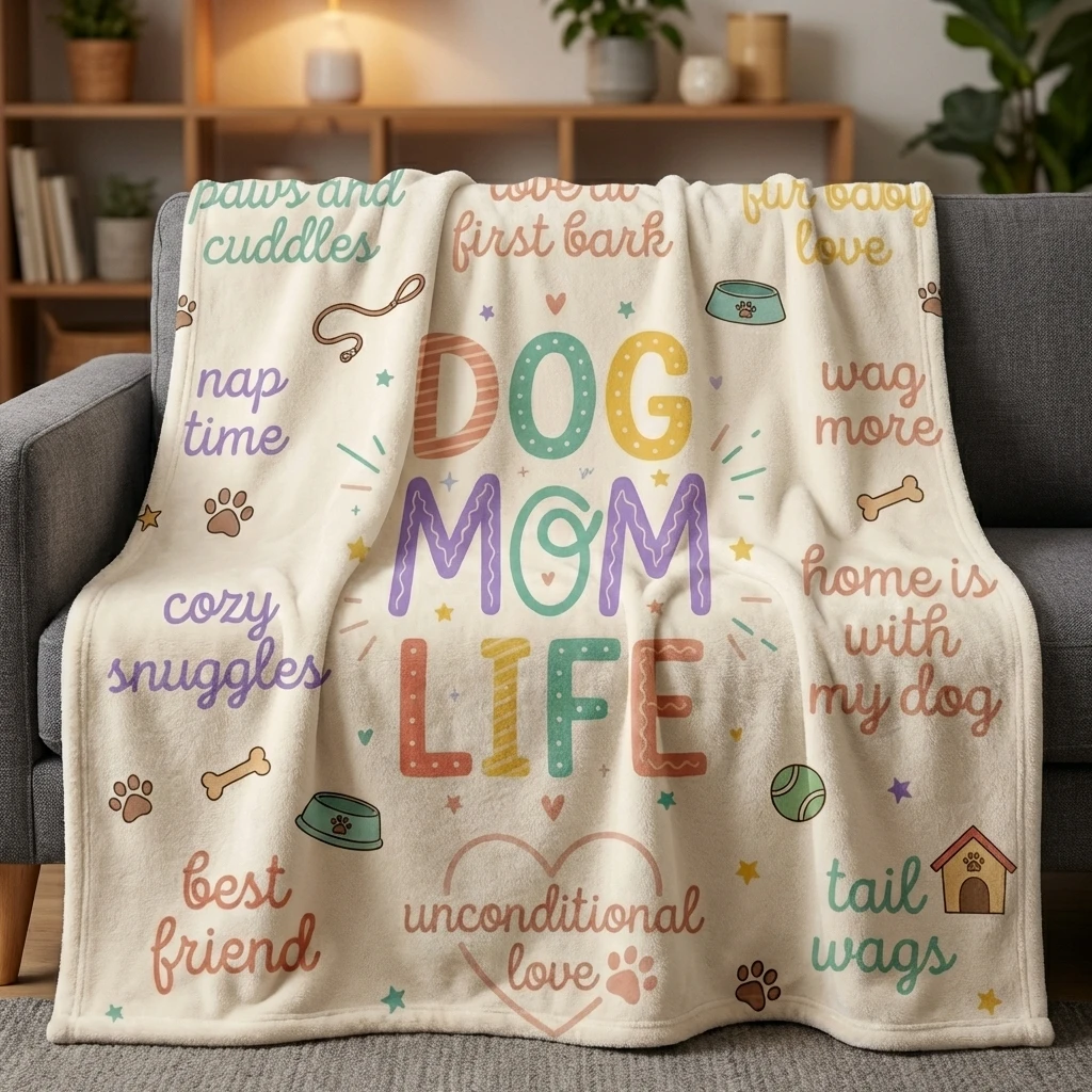 Dog Mom Life Pastel Typography Flannel Throw Blanket, Cute Dog Lover Print with Paw Prints & Dog Icons