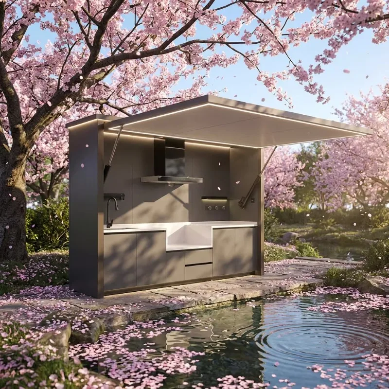 Simple high-end aesthetic outdoor kitchen, easy to clean, waterproof and rust-proof, outdoor barbecue, watching camping
