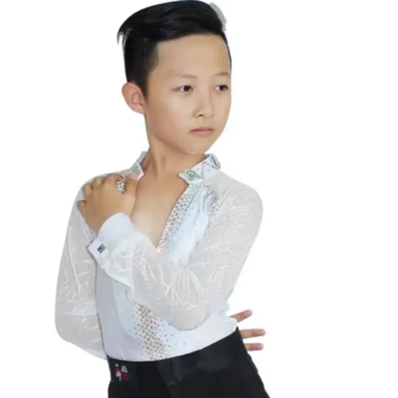 Boys Kids Modern Ballroom Latin Rumba Dance Shirts Sexy Deep V-Neck Competition Dance Costumes Velvet Latin Dance Wear