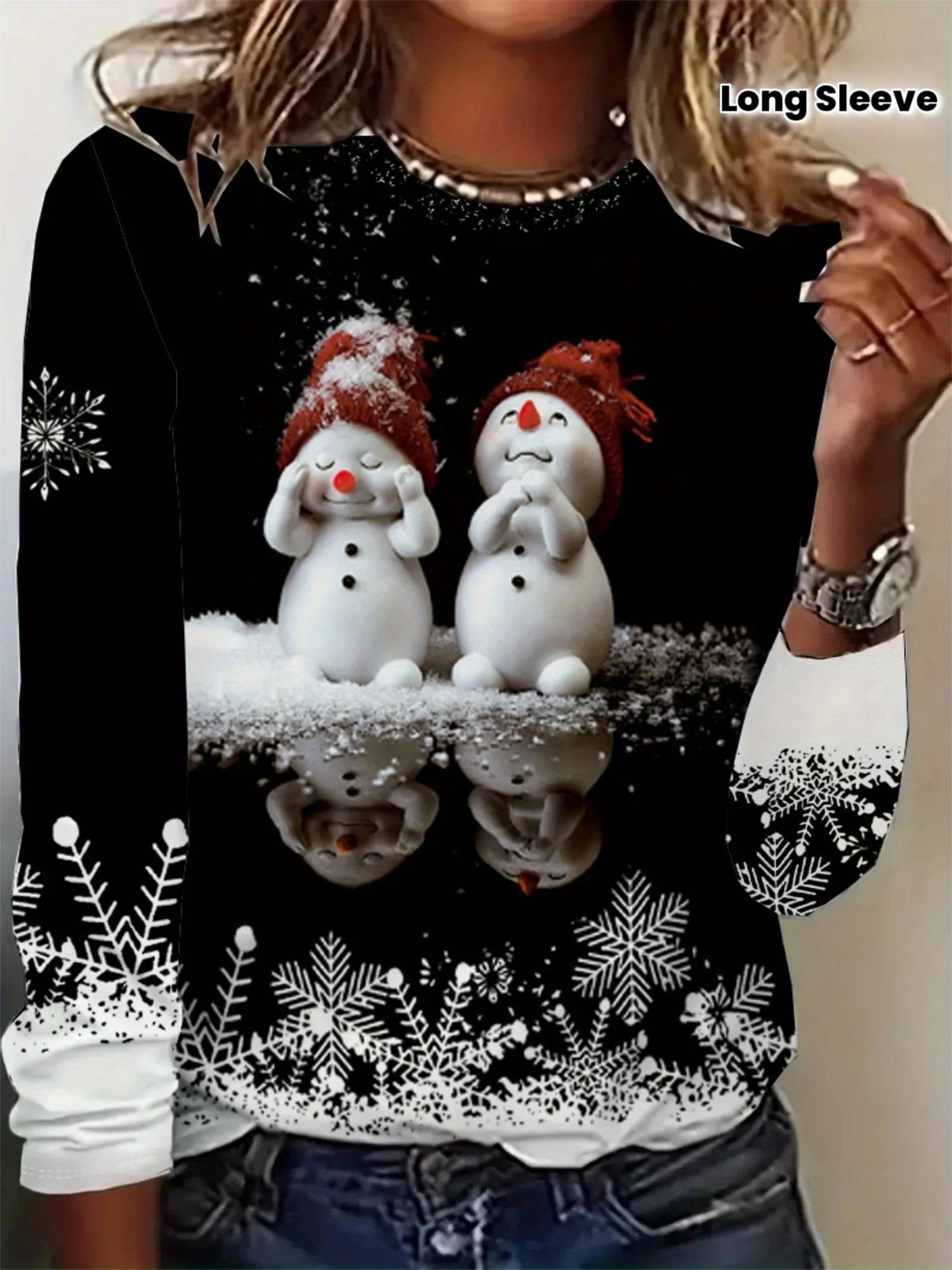 Women Crew Neck Long Sleeve T‑Shirt Cute Snowman Snowflake Winter Christmas Print Casual Loose Fit Ladies Holiday Daily Tops