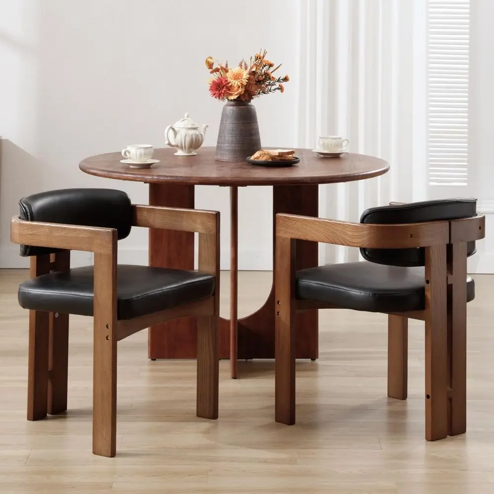 

Modern Dining Chairs Set of 2, Faux Leather Upholstered Barrel Dining Room Chairs with Curved Back, Farmhouse Walnut Solid Wood