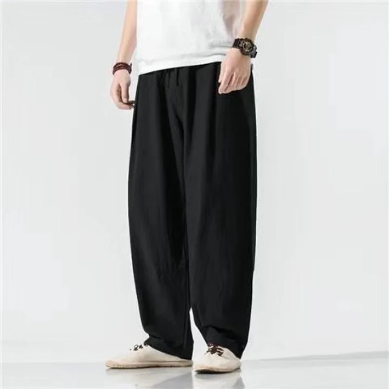 Chinese Style Linen Trousers 2024 Summer New Solid Color Elastic Drawstring Patchwork Pockets Vintage Loose Casual Wide Leg Pant