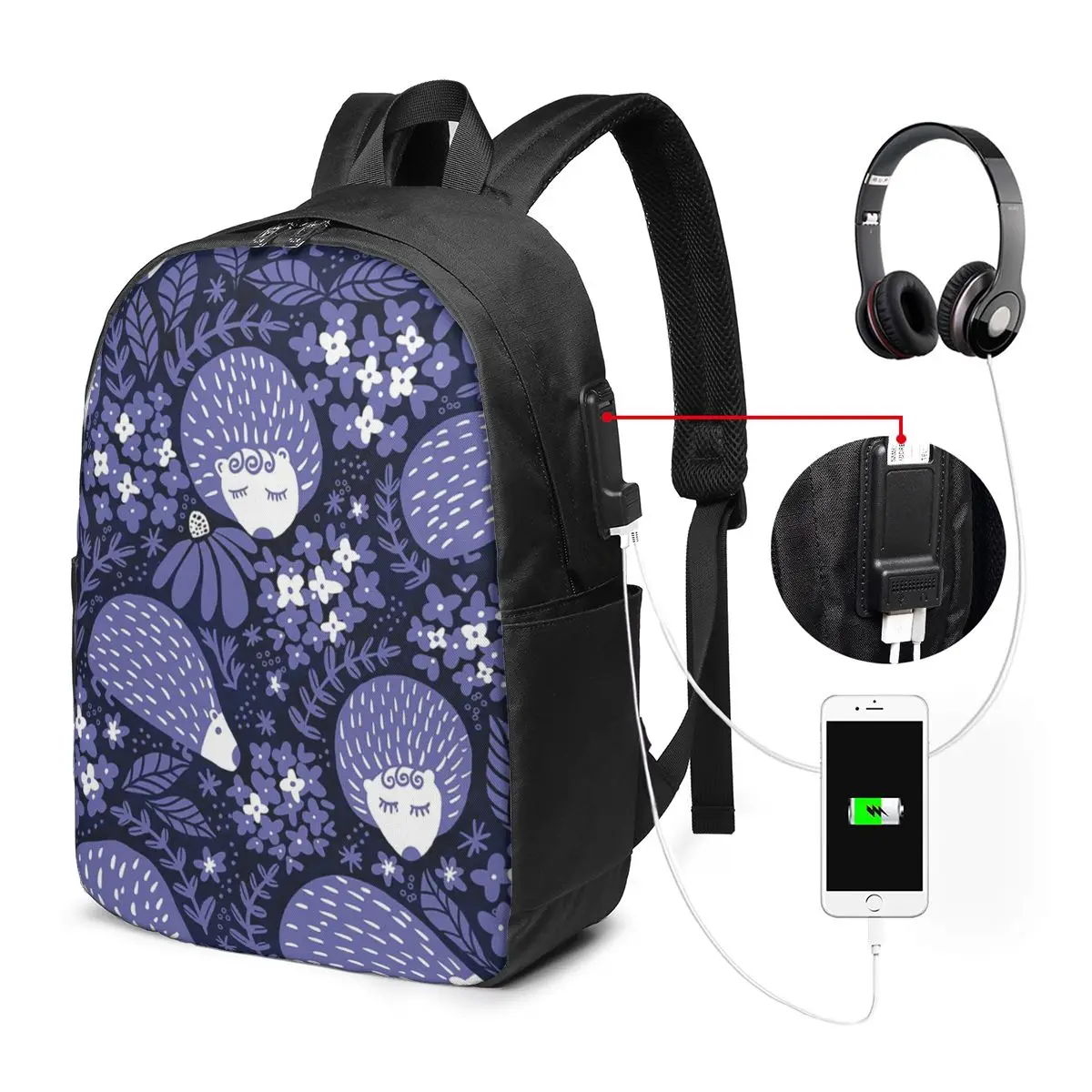 Cute Hedgehog And Floral Pattern Backpack Travel Notebook Bag Computer College Student School Bag Laptop Shoulder Bags Men Women