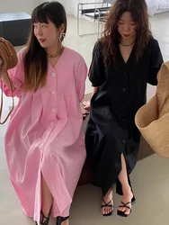 Chic Summer Anti-Aging V-Neck Pleated Loose Casual Single Button Long Lantern Sleeve Dress Women's Fashion Commute Style