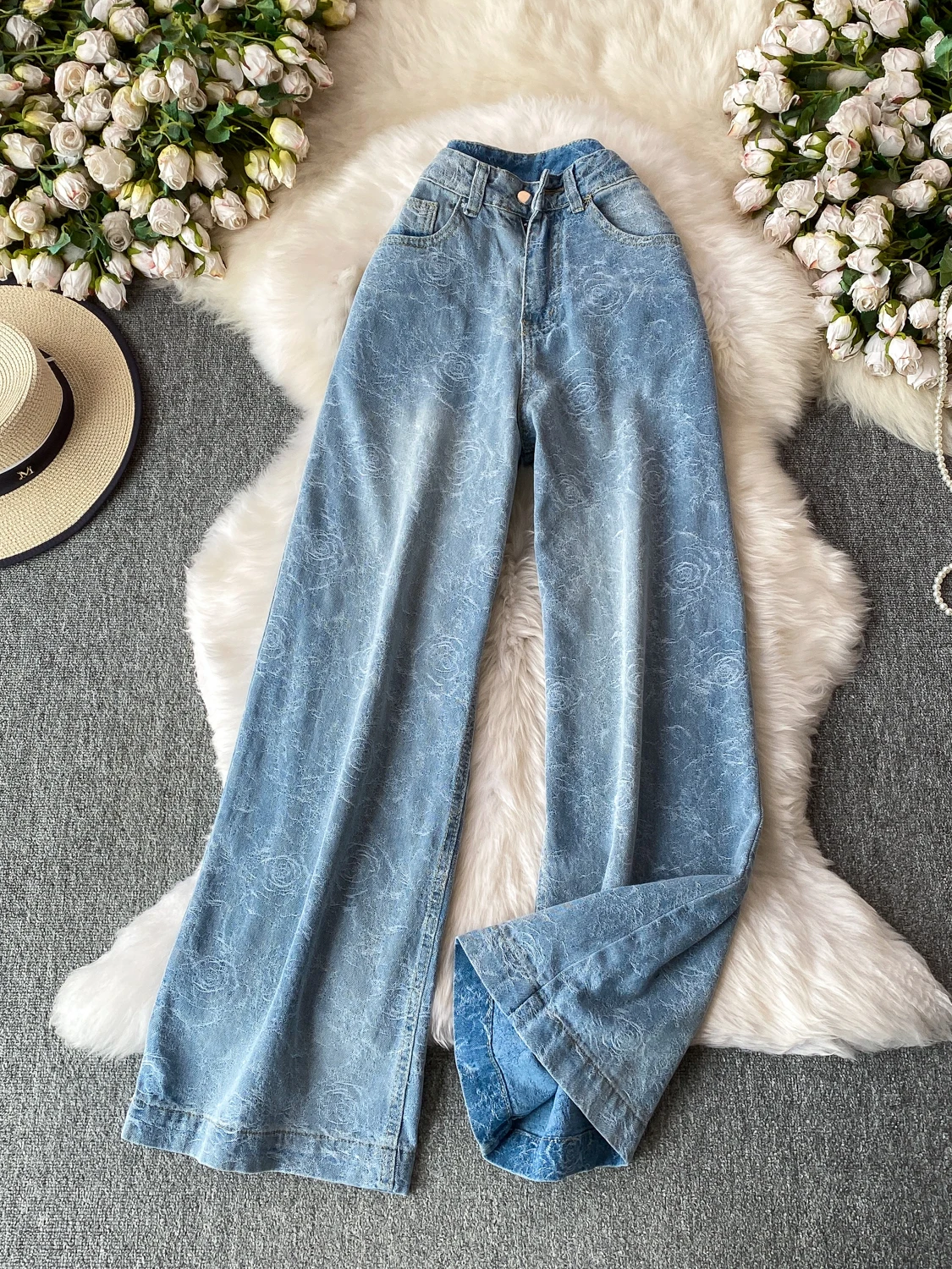 

Retro Faded Blue Denim Wide Leg Pants Women's Summer American Hot Girl High Waist Slim Elastic Bell Bottom Long Trousers