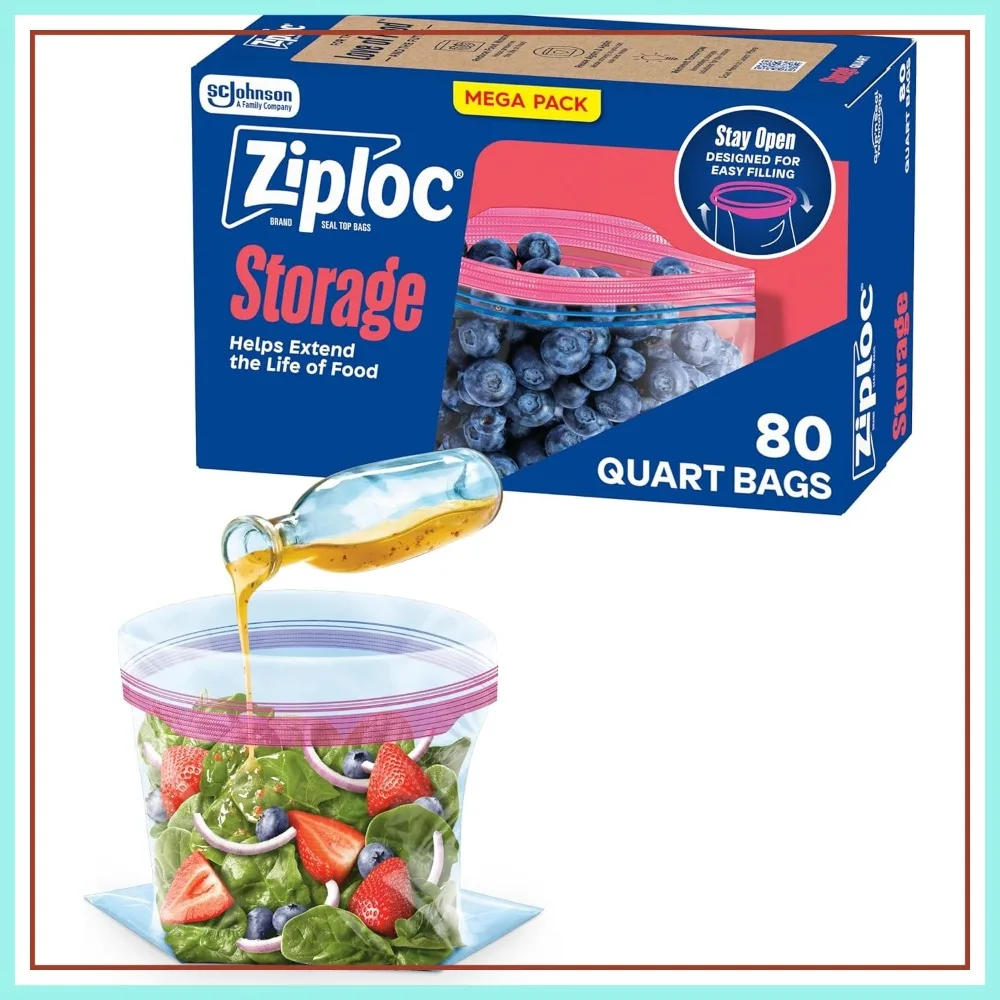 

Quart Food Storage Bags, Stand-Up Bottom, Easy Fill, 80 Count