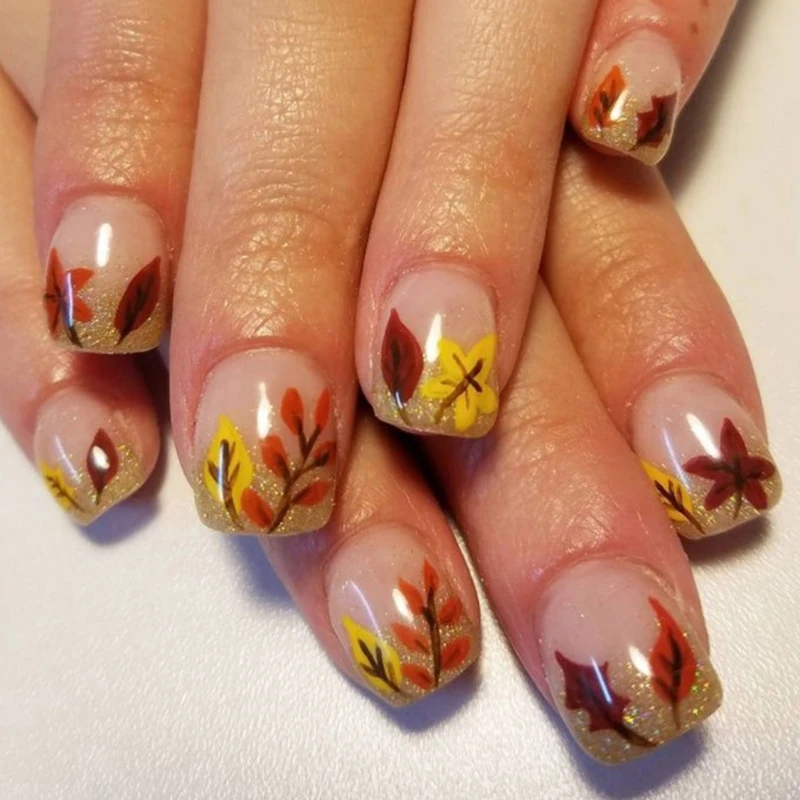 Q1QD Daily Wear Natural Look Press On Nails Thanksgiving Short Square With Gold Glittering Leaves 24Pcs Fall Press on Nails