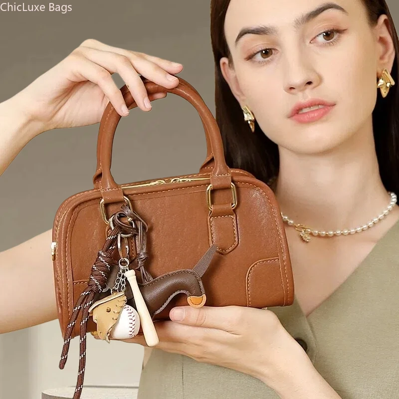 

New Genuine Leather Boston Bag for Women Luxury Bowling Shoulder Bag Small Designer Crossbody Tote Fashion Commuter Handbag