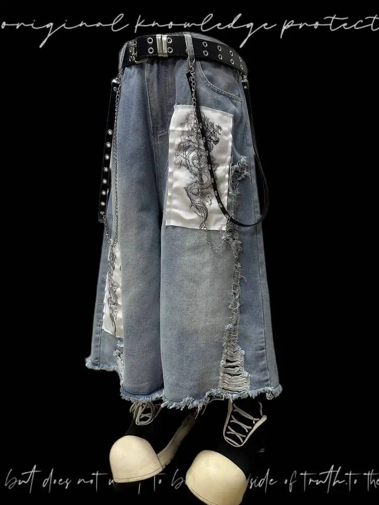 Vaqueros góticos punk unisex japonés vintage pantalones cortos de pierna ancha estilo Yamamoto apliques longitud denim con diseño