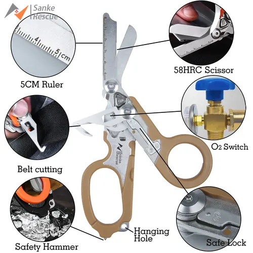 Imagen 2 del producto Sanke-tijeras de rescate para traumatismos, herramienta de tijeras de emergencia, tijeras para traumatismos plegables de acero inoxidable con cortador de correa, rompecristales EDC