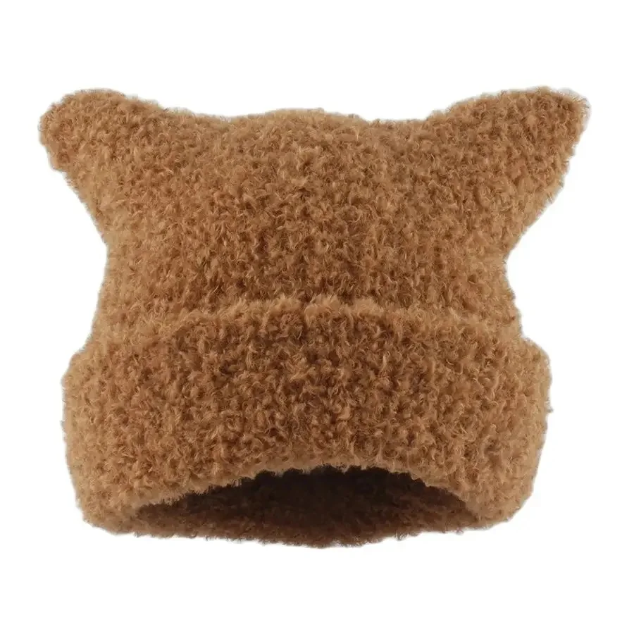 Winter Lambswool Hats For Women Cute Cat Ears Beanie Soft Warm Knitting Cap Cuffed Skullies Fashion Street Hip Hop Hat