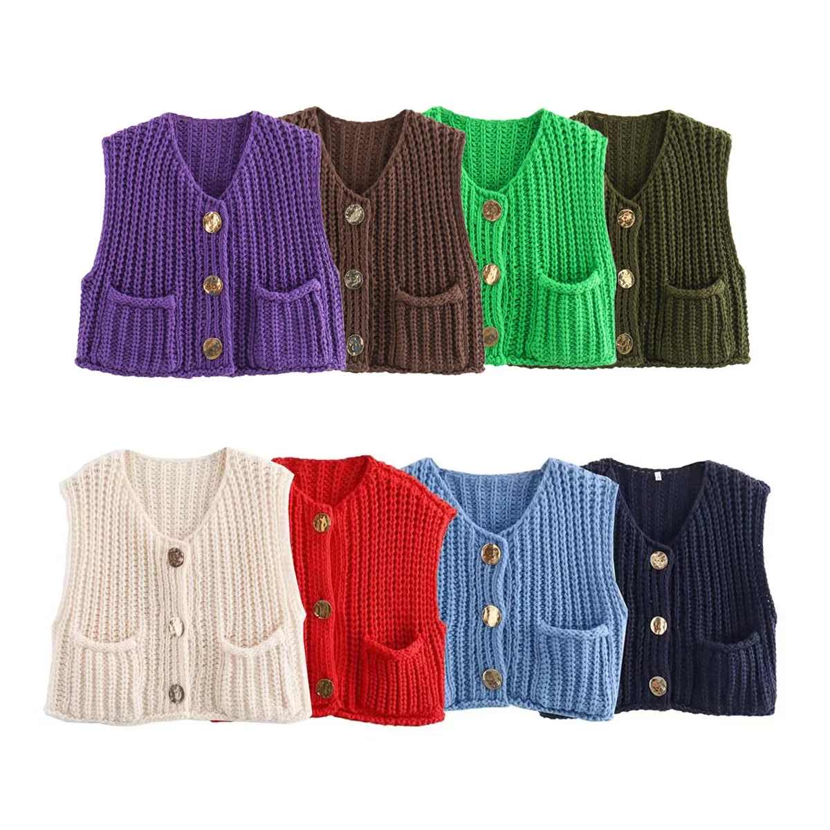 Fashion Solid O-neck Knitted Vest Women 2024 Spring Summer Sleeveless Single Breasted Pockets Vests Female High Street Chic Tops