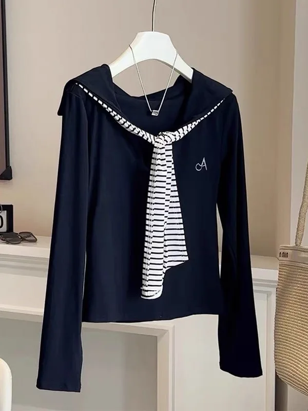 Slim Fit Striped Long Sleeve T-Shirt Women's Early Autumn New Style Color Block Navy Collar Top Trendy Shoulder Wrap Belted S...