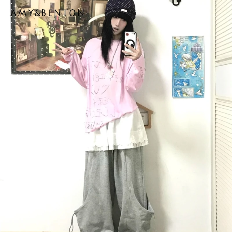 

Japanese 2025 New Pink Letter Print Long Sleeve Women's T-Shirt Original Design Thin Sun Protection Cover-Up Top T-Shirts Ladies